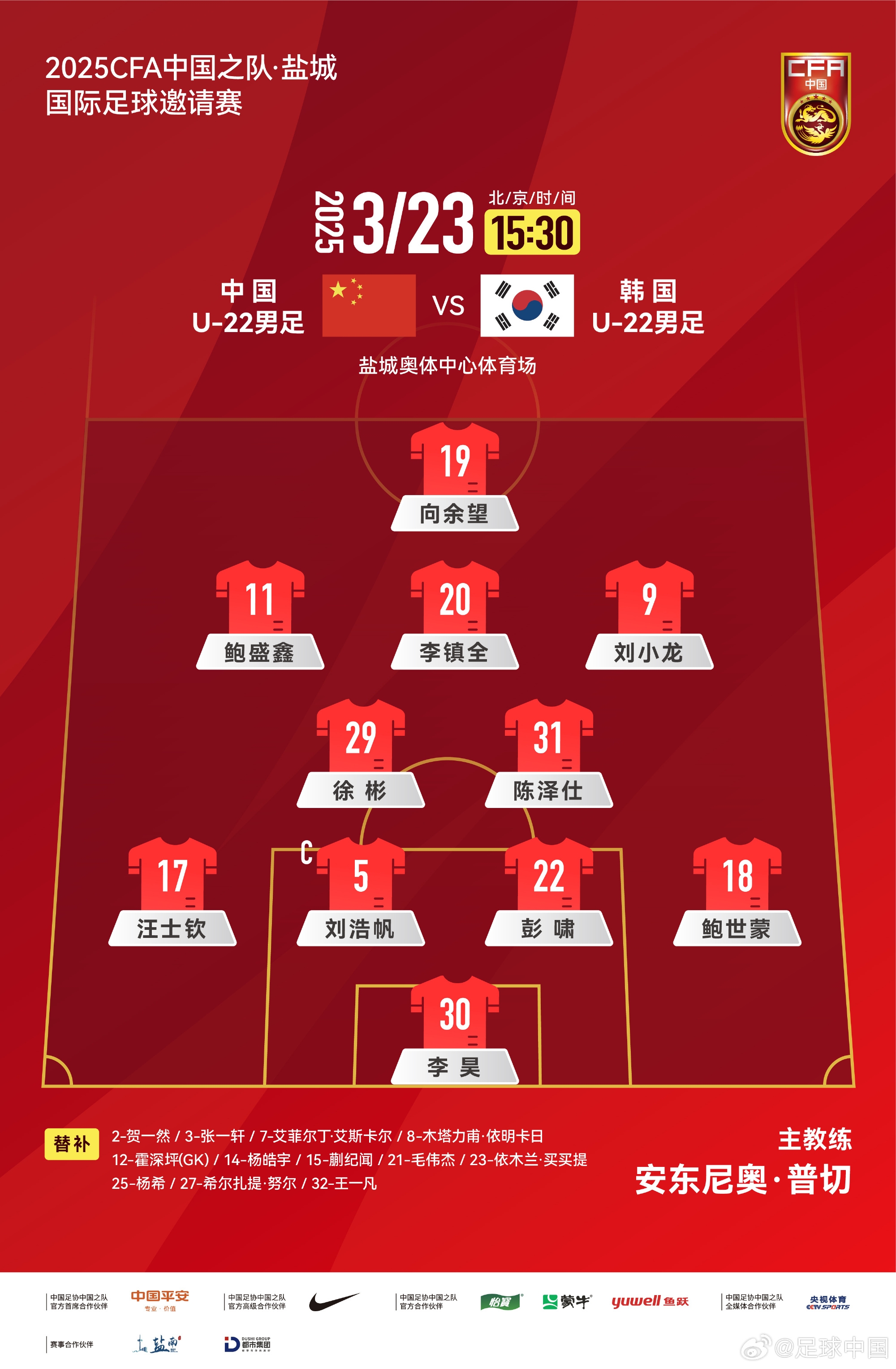 鹽城四國(guó)賽，中國(guó)U-22男足對(duì)陣韓國(guó)U-22男足，中國(guó)隊(duì)首發(fā)陣容